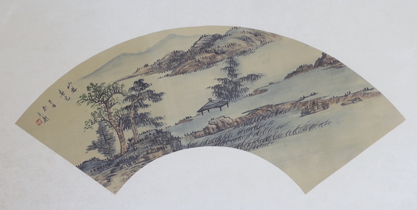 A Chinese fan leaf painting on silk and a similar painting on silk, largest 65x33cm